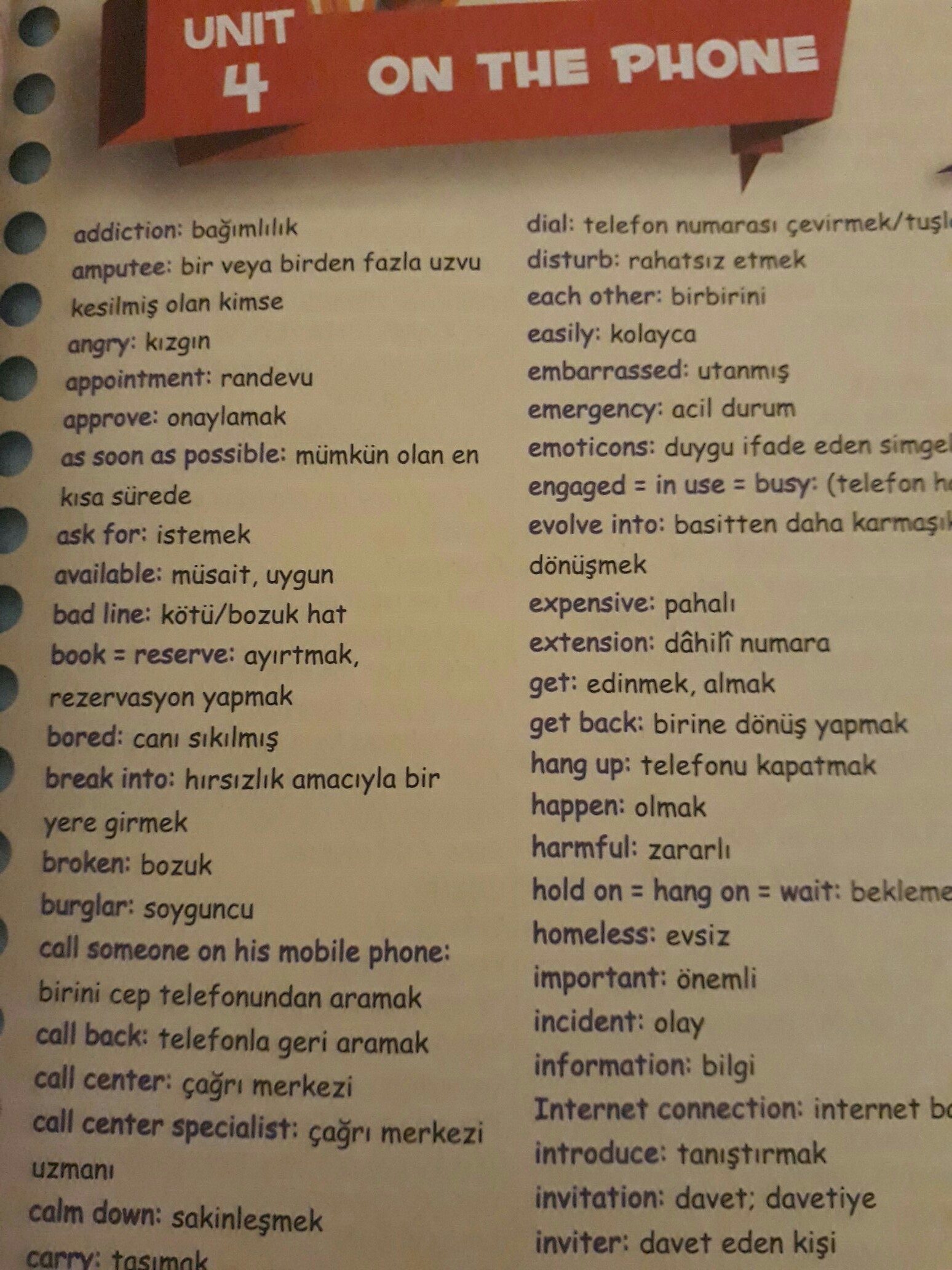 8. Sınıf İngilizce kelime listesi 4.ünite on the phone ünitesinden