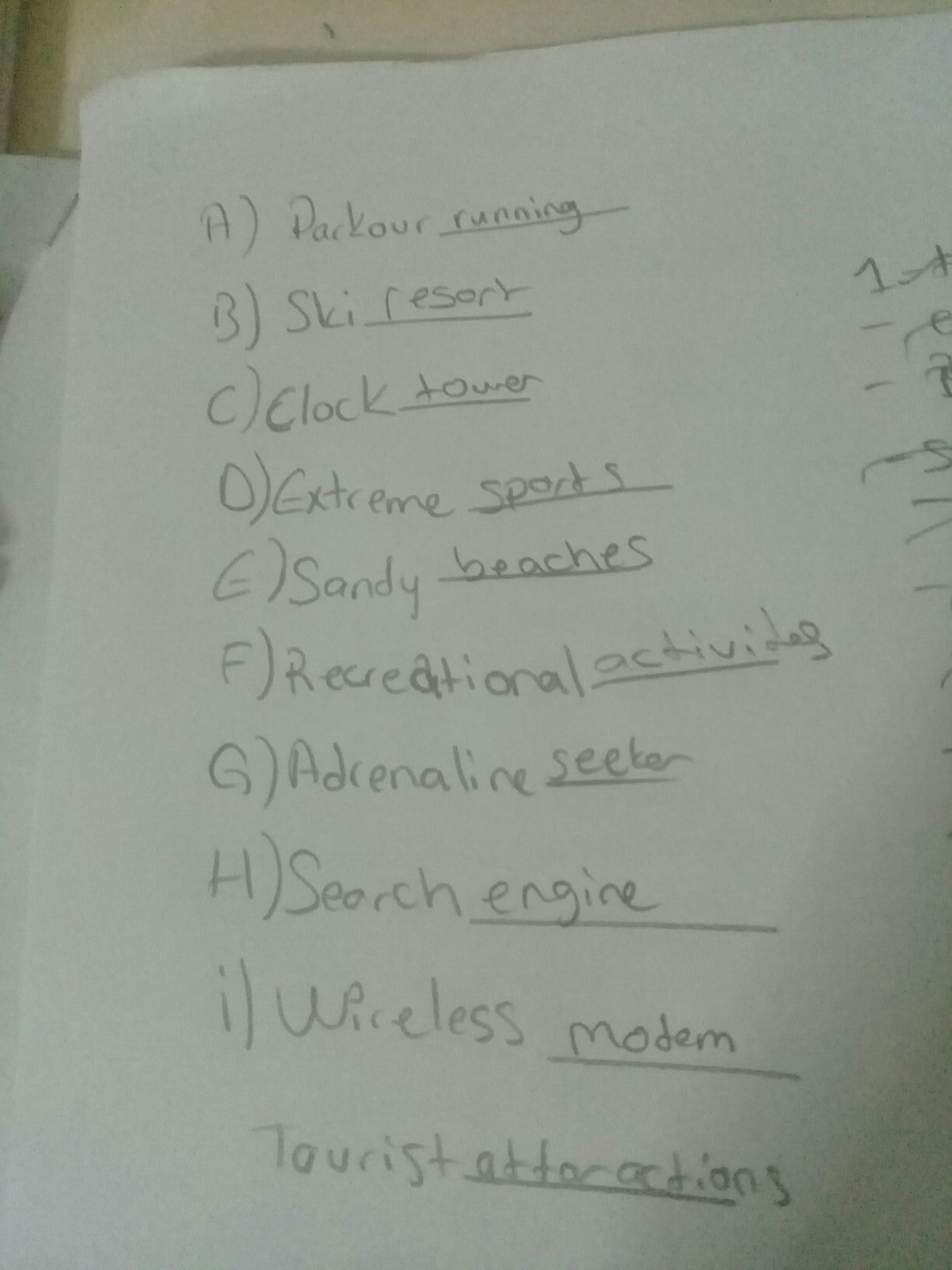 A) Parkour___ 1tower B) Ski___ 2 engine C) Clock___ 3activities D