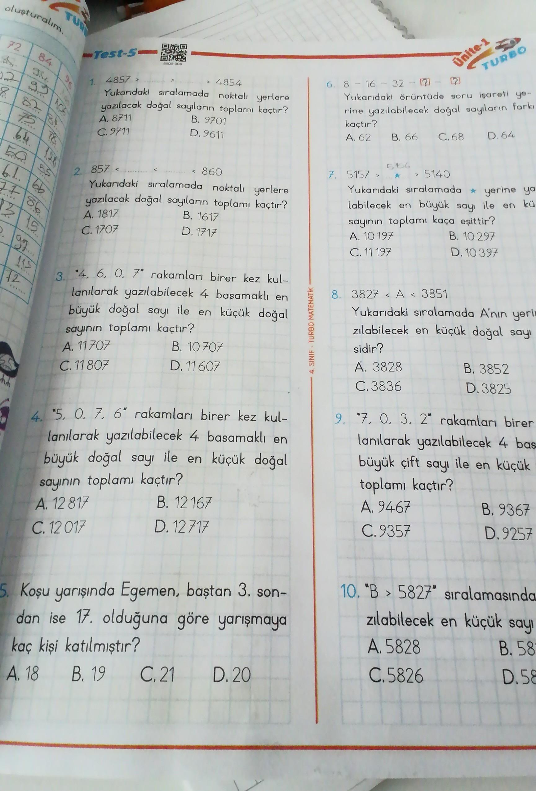turbo matematik 1. kitap sayfa 45,46 4. Sınıf Islemsiz çözen