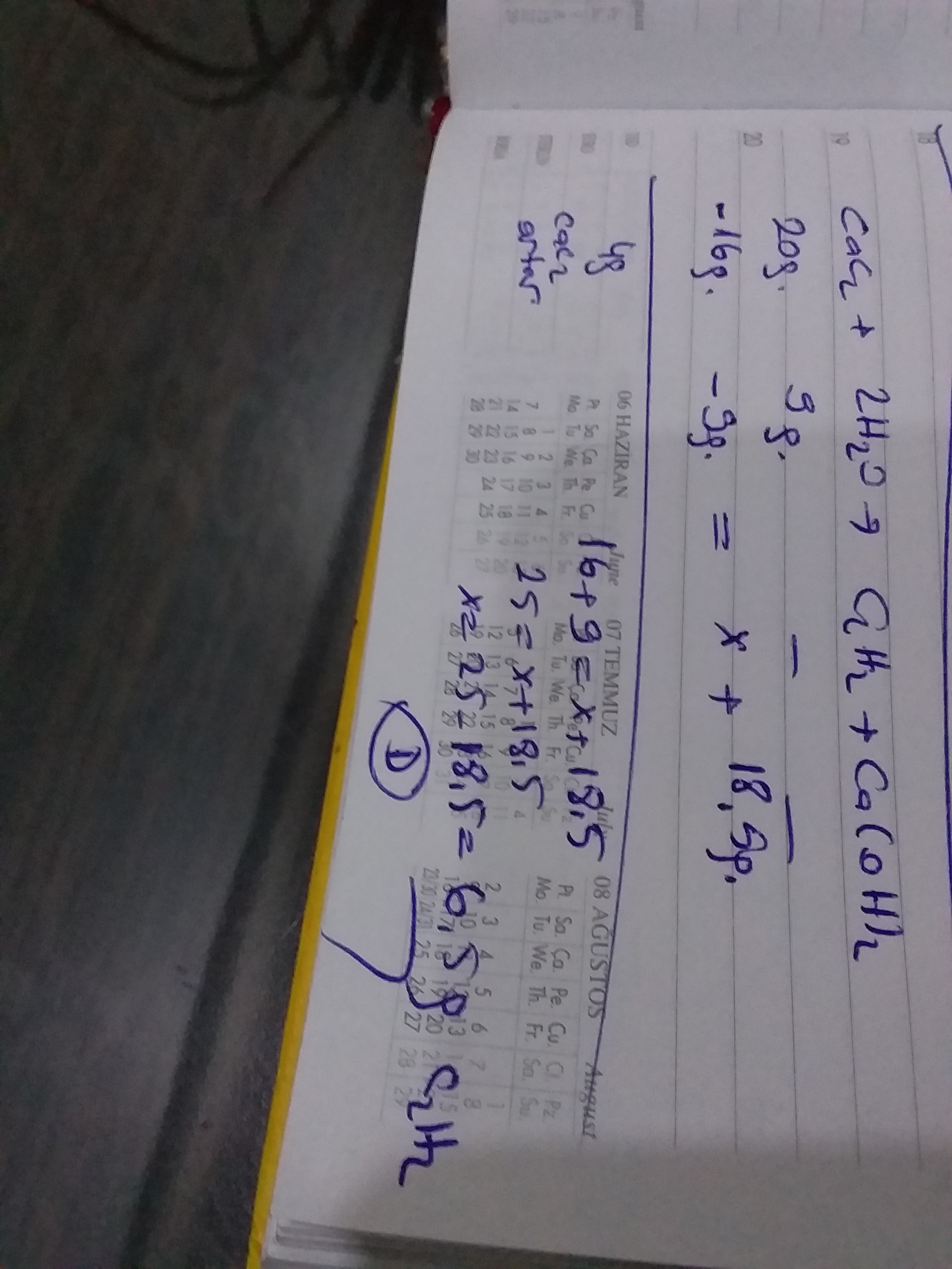 CaC2 + 2H2O > C2H2 + Ca(OH)2 reaksiyonu ile elde ediliyor. 20 gr CaC2