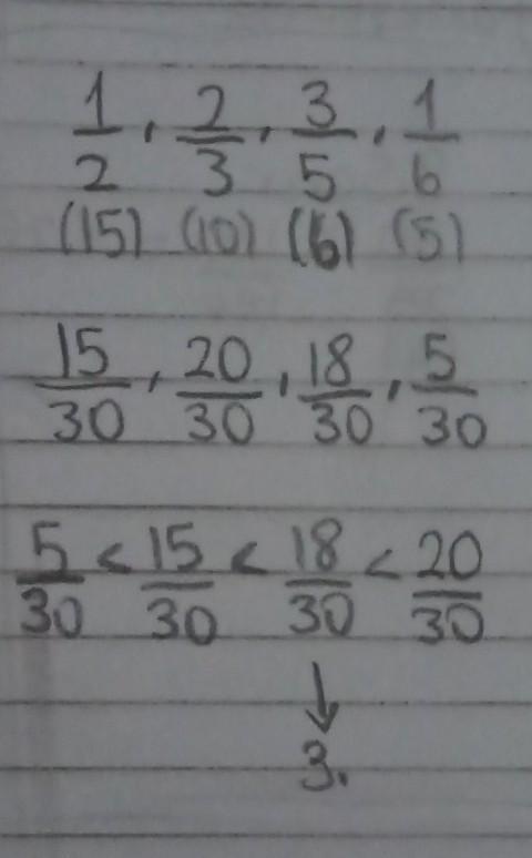 1\2 ,2\3 , 3,\5, 1\6 kesirleri küçükten büyüğe doğru siralandiginda
