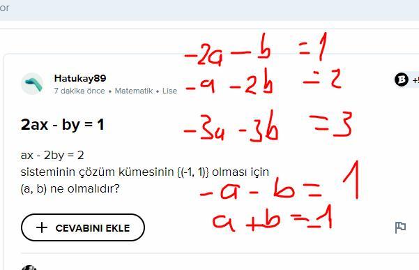 2ax by = 1ax 2by = 2sisteminin çözüm kümesinin {(1, 1)} olması