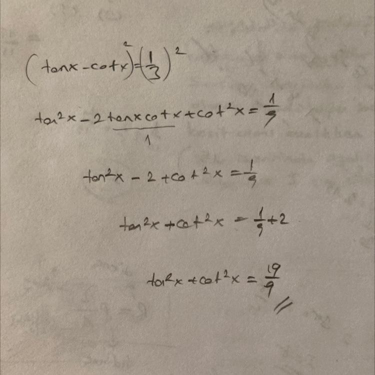 tan x cot x = 1/3 ise tan (kare) x + cot (kare) x kaçtır
