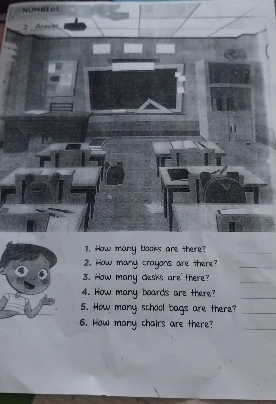 1. How many books are there? 2. How many crayons are there? 3. How many