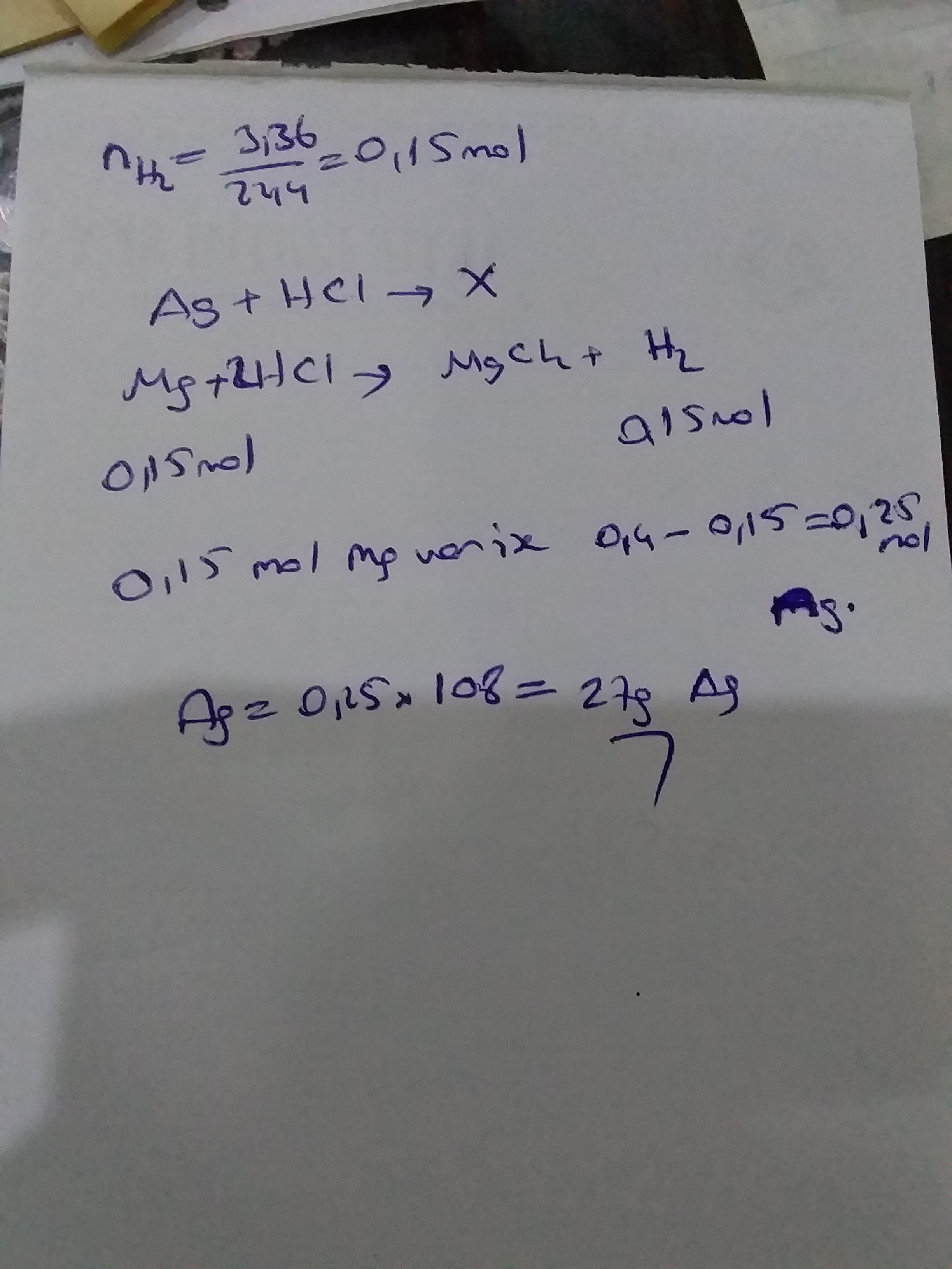 0,4 mol Ag ile Mg karışımı yeterince HCİ ile tepkimeye girince NKA 3,36