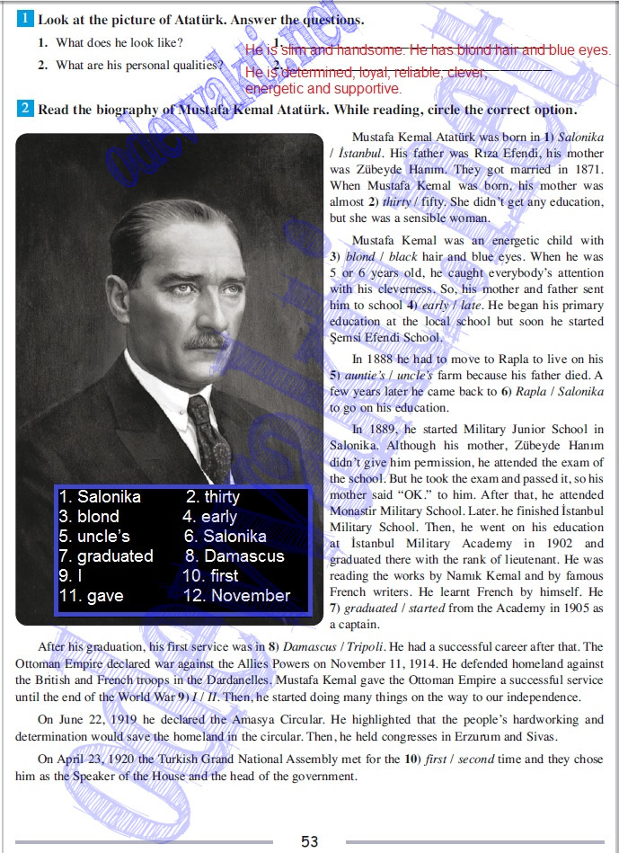 arkadaşlar ingilizce ders kitabı s.53 teki atatürkün hayatı metnının