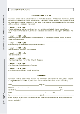 modulo testamento biologico 2023 Modulo Di Testamento Biologico – Dichiarazione Di Volontà Anticipata Per I Trattamenti Sanitari, Proposto Dalla Associazione Libera Uscita – Tracce E Sentieri