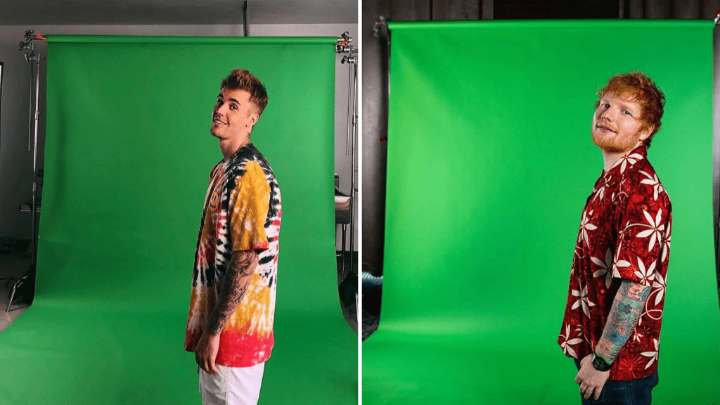 Foto comparando os cenários de Justin Bieber e Ed Sheeran. Ambos estão num local parecido, com um fundo verde de chroma key, e vestindo roupas tropicais.