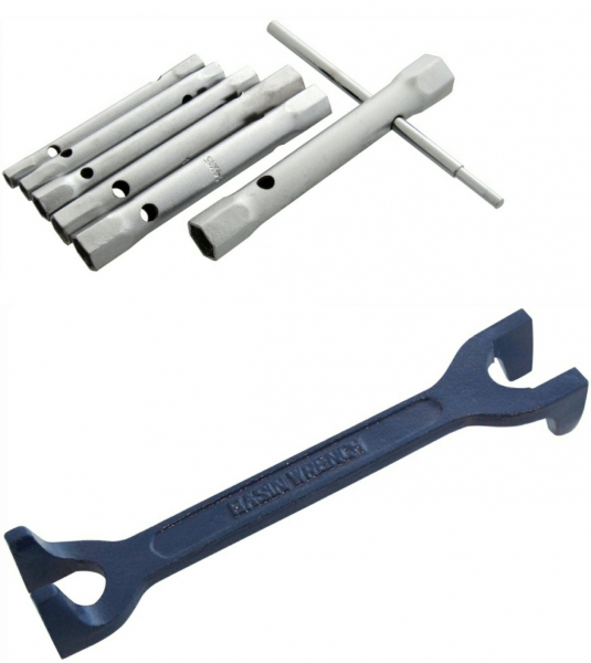 6 PC MONOBLOC TAP BOX SPANNER SET 617mm & FIXED CLAW BASIN WRENCH