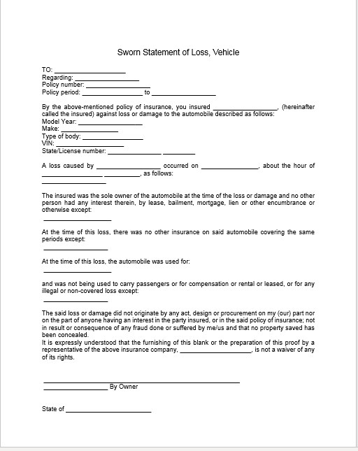 Legal Documents > Insurance > Sworn Statement of Loss, Vehicle International Trade Council
