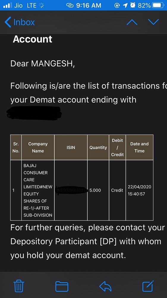 Got a mail about “new equity share of RE1/ after sub division