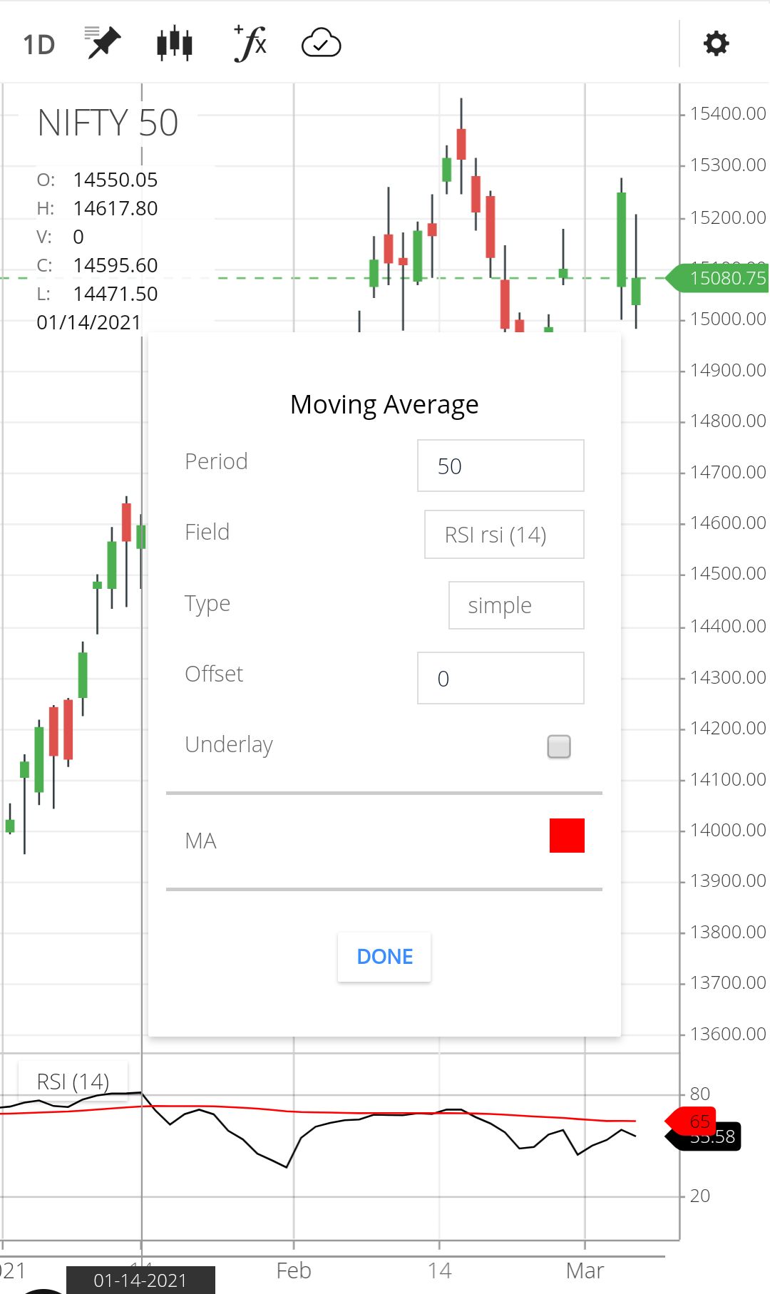 How to insert Moving Average in RSI in Kite mobile app? Charting on