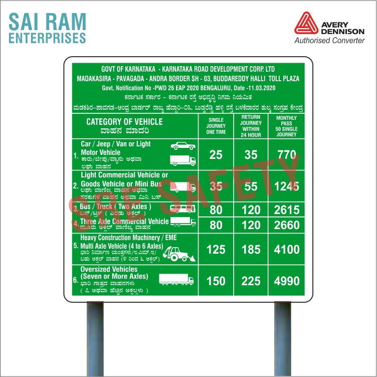 TOLL PLAZA PRICE DETAILS SIGNS Traffic Sign India