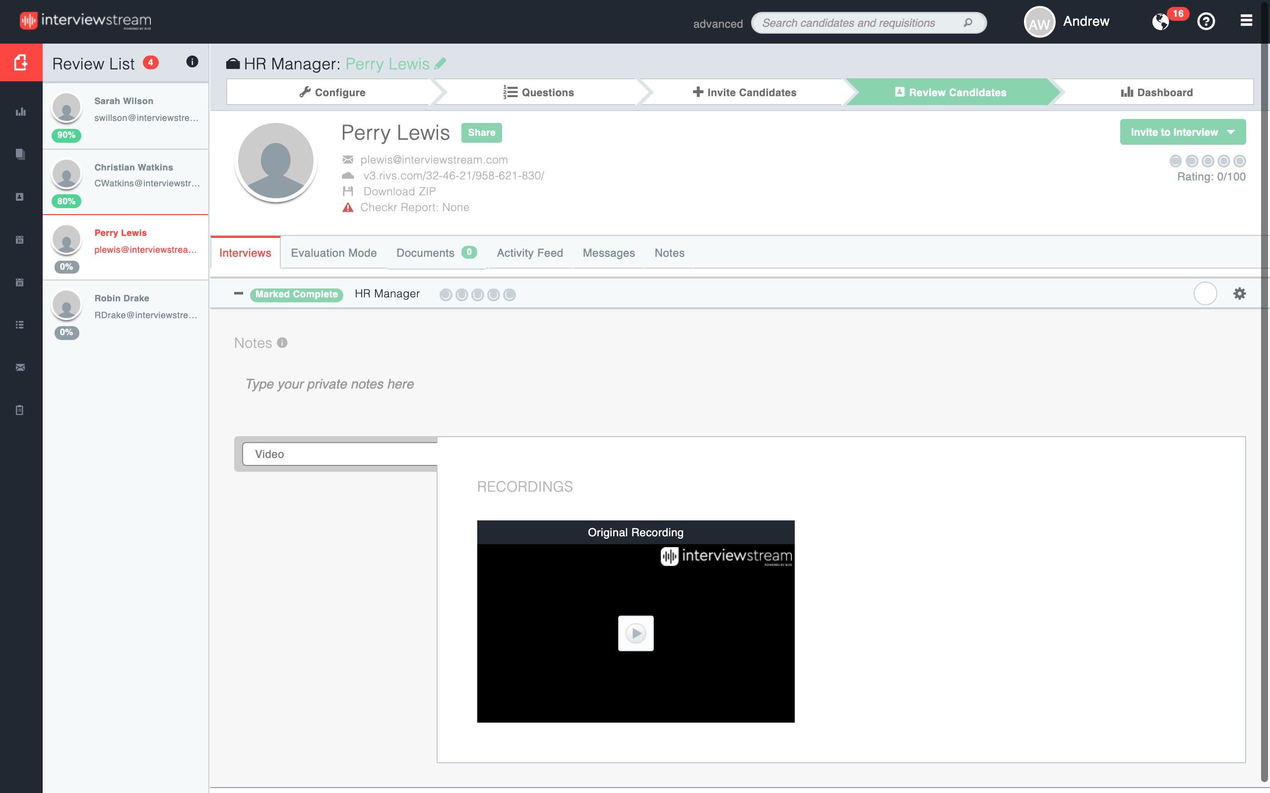Reviewing a Candidate's Live Interview interviewstream Training Center