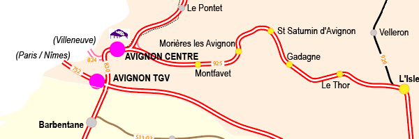Carte des trains directs au départ d'Avignon en 2020
