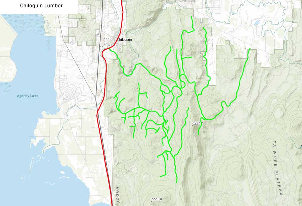 Map of the Chiloquin Lumber Company logging railroad out of Chiloquin.