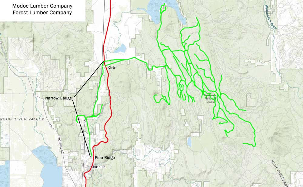 Map of the Modoc and Forest Lumber Companies logging railroad system.