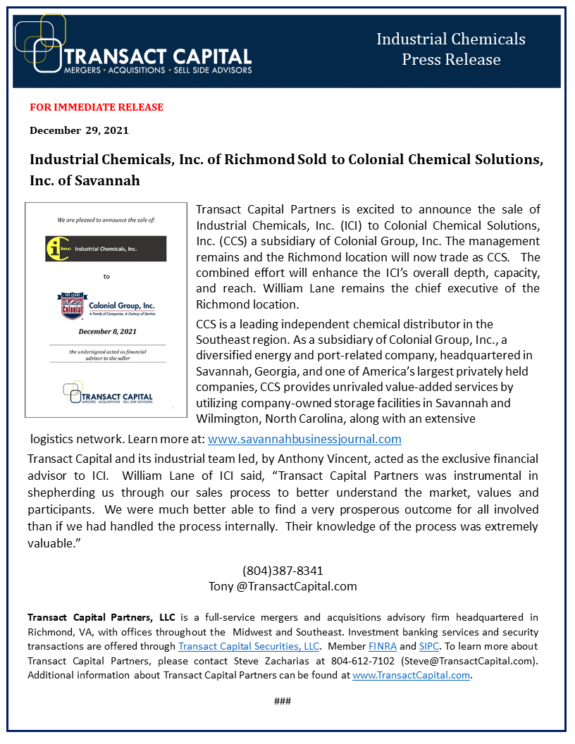 Industrial Chemicals of Richmond Sold to Colonial Chemical Solutions of