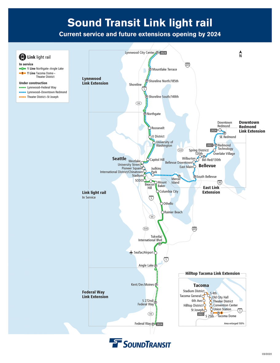Sound Transit Maps as of 2022, with expansion plans until 2024