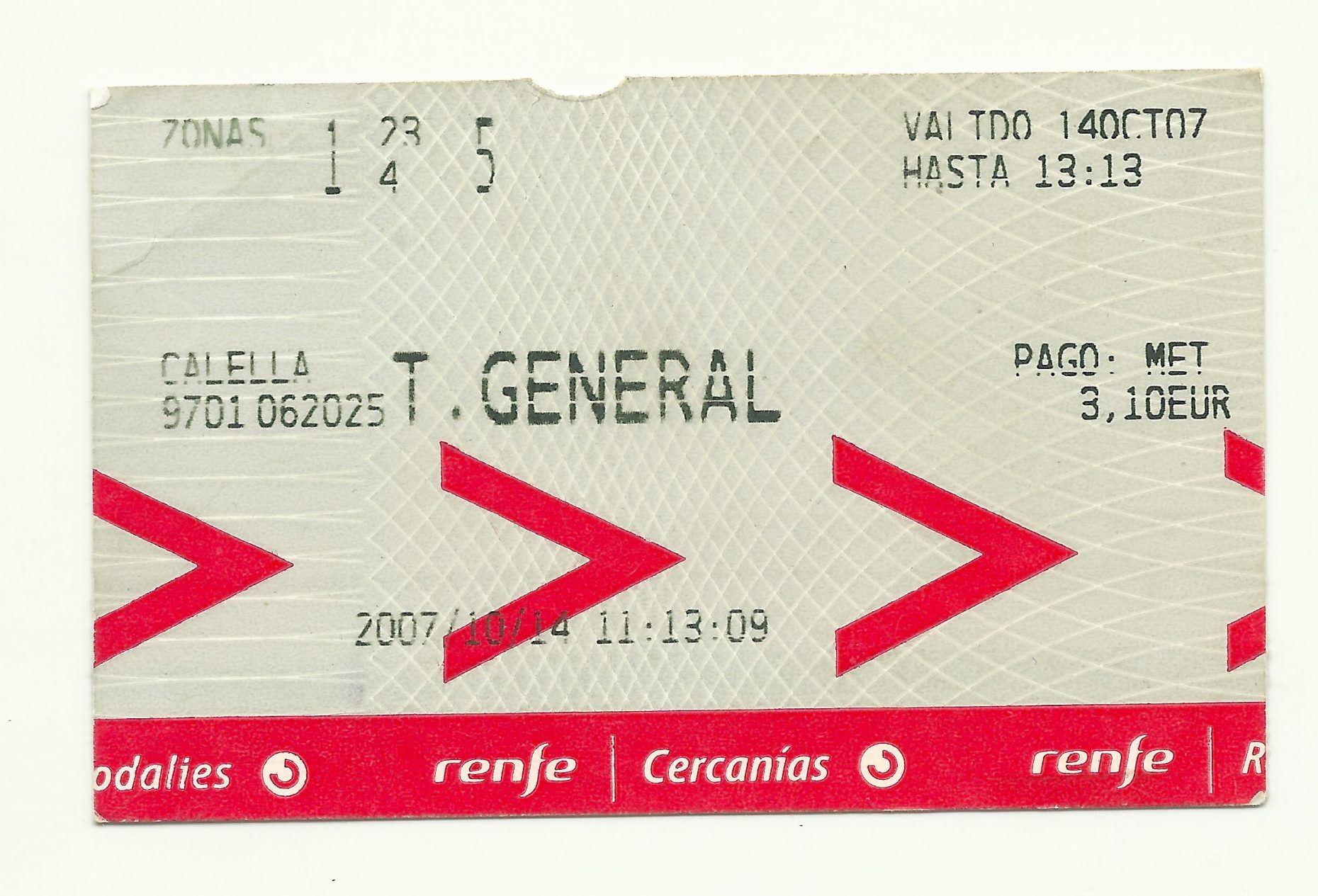Billete de Cercanías Barcelona de Renfe (2007) Traspapelados