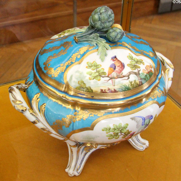 Sèvres porcelain blue covered tureen with artichoke handle at Petit Palace Museum. Paris, France.