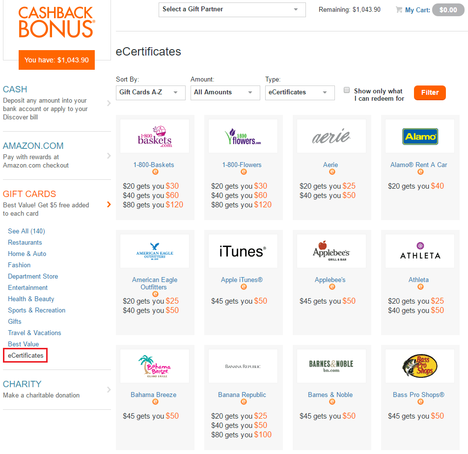 Redeem Discover It Cash Back for Gift Cards & eGift Cards & InApp)