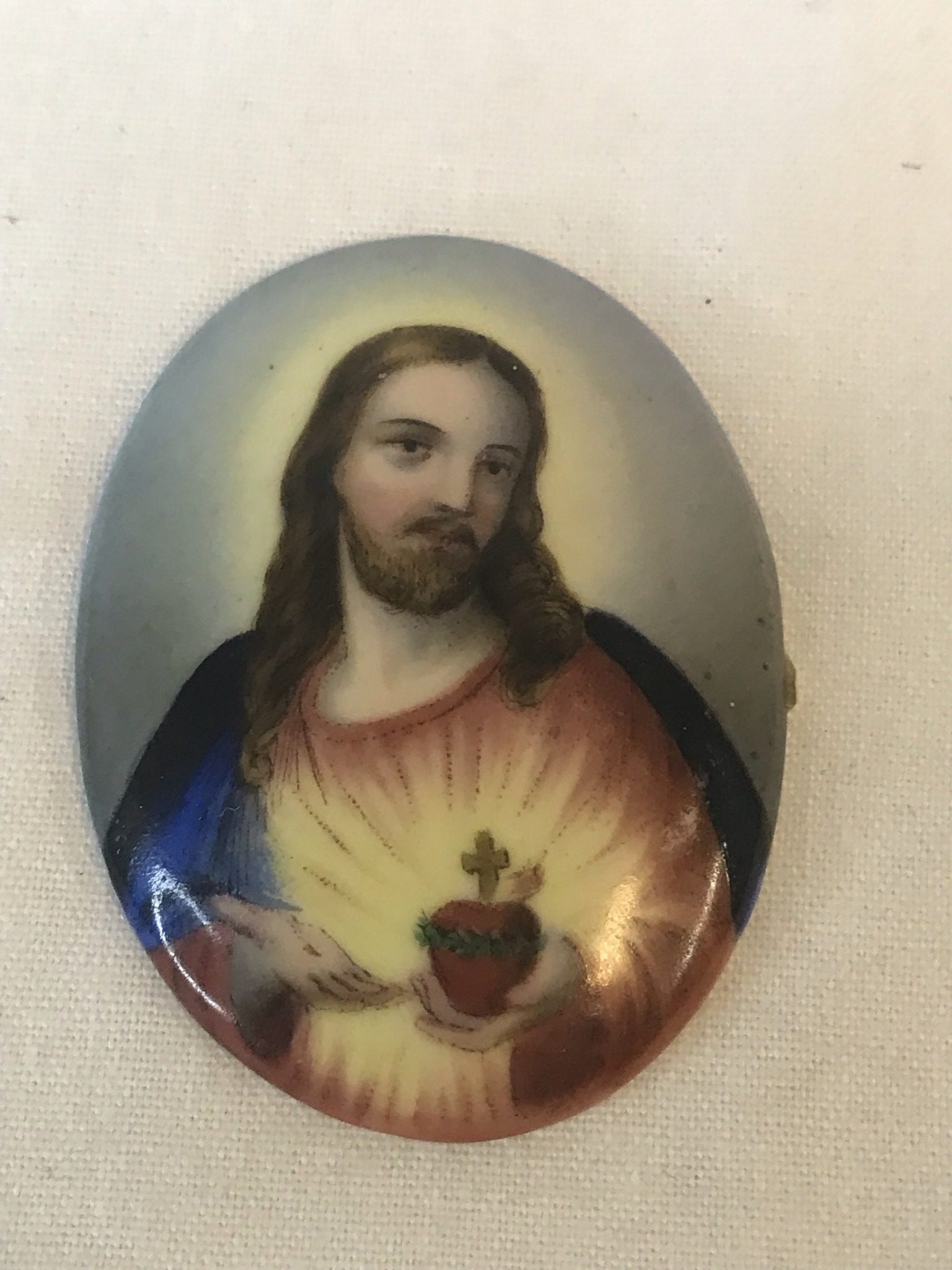 Miniature Porcelain Plaque Jesus, Sacred Heart Treasure Antique