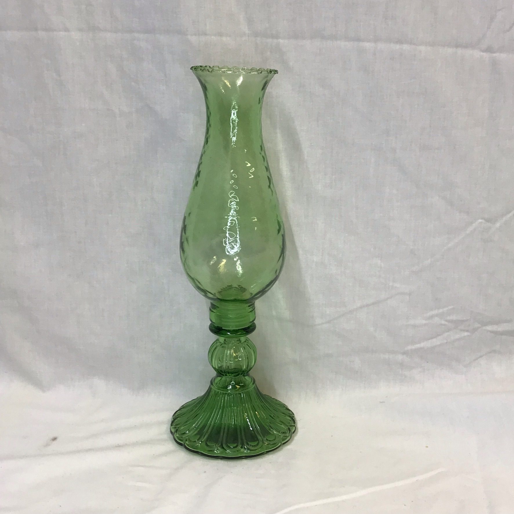 Vintage Green Glass Candlestick with Hurricane Globe Treasure Antique