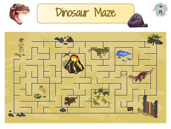 Dinosaur maze - Treasure hunt 4 Kids - Free game to print for kids