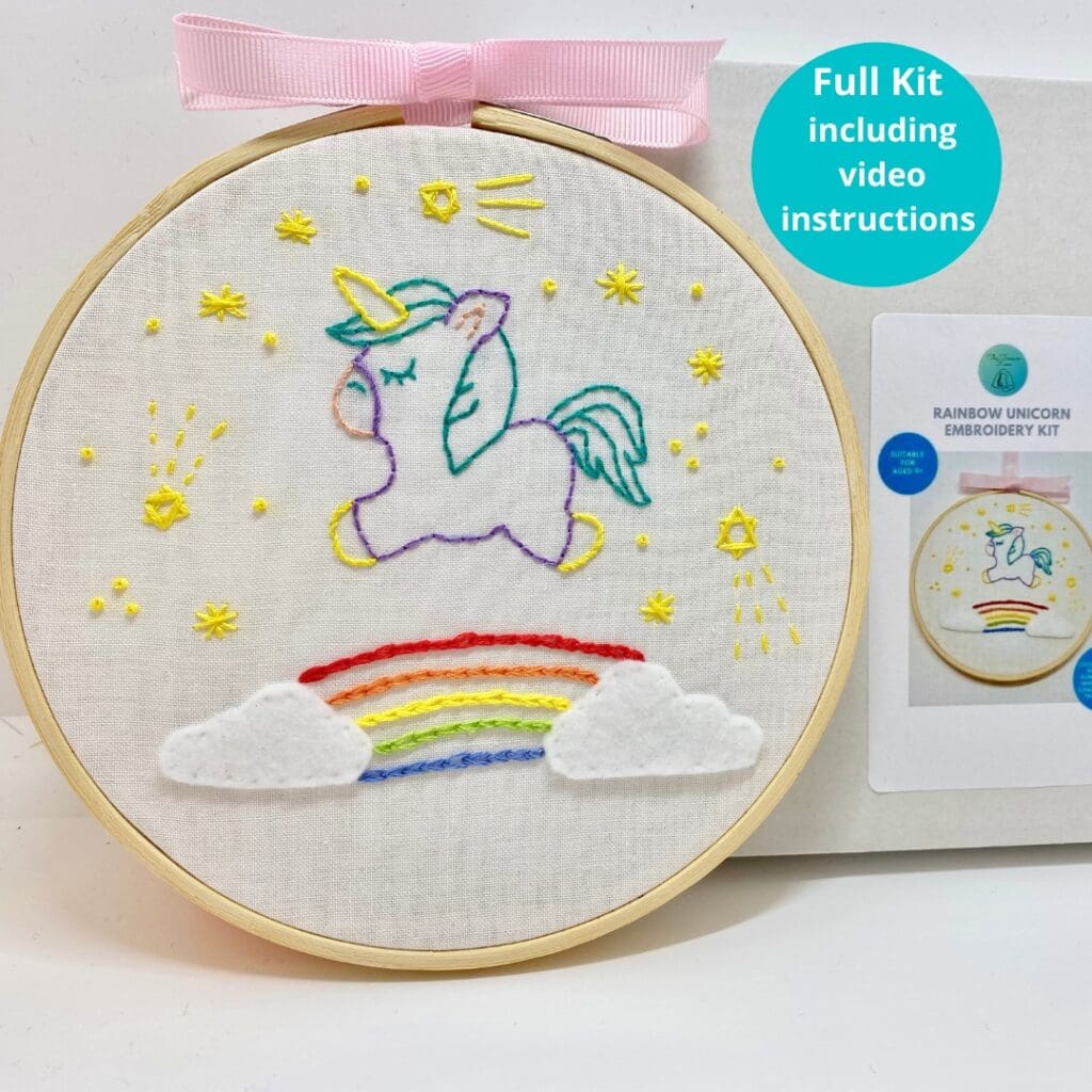 Rainbow Unicorn embroidery kit, DIY embroidery kit, Beginners