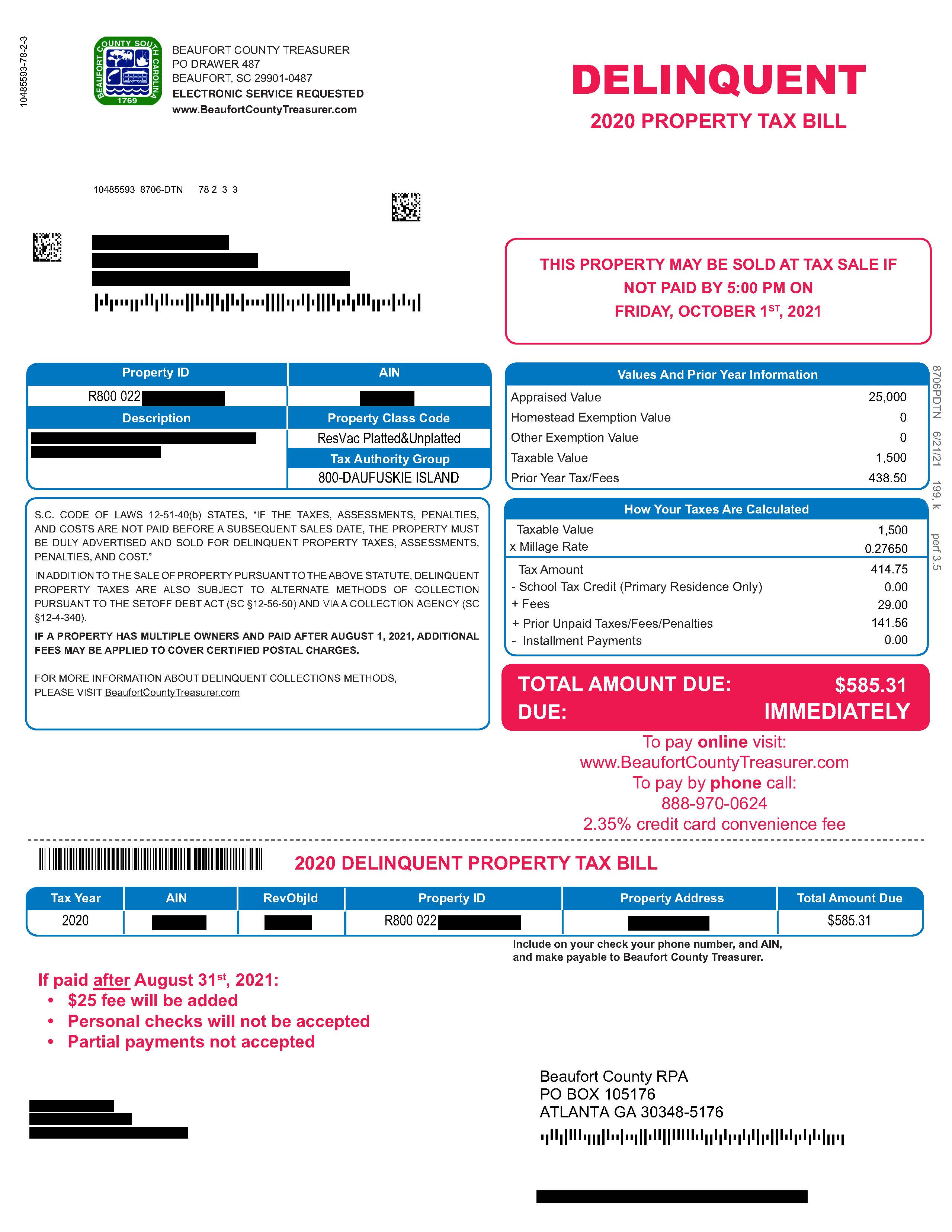 How am I notified that my property may be auctioned at the delinquent