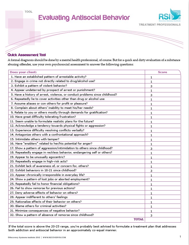 Evaluating Antisocial Behavior Quick Assessment Tool Recovery SI