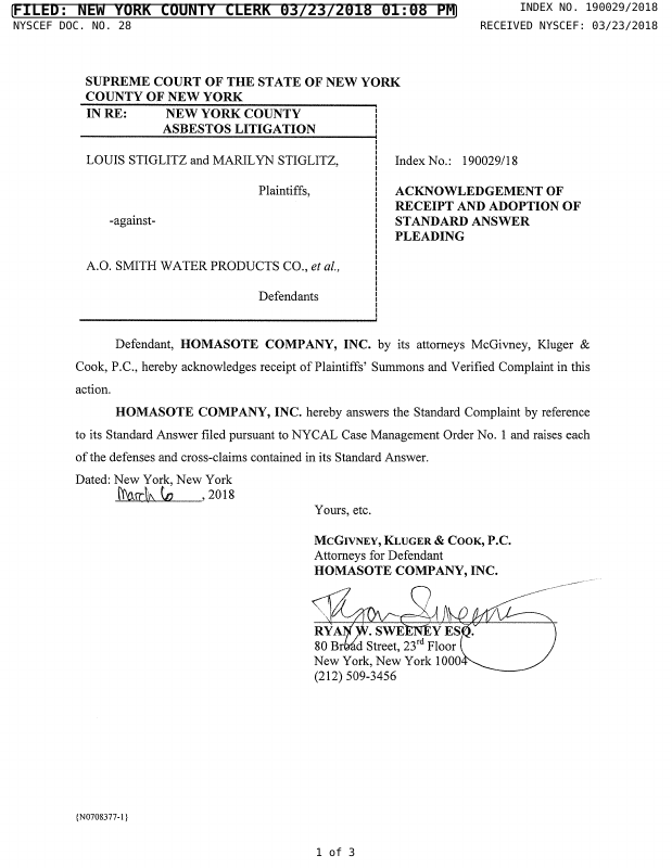 ANSWER Homasote Acknowledgment of Receipt March 23, 2018 Trellis