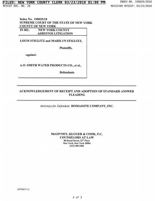 ANSWER Homasote Acknowledgment of Receipt March 23, 2018 Trellis