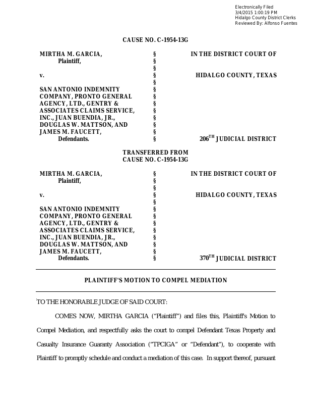 Motion to Compel Plaintiffs' Motion to Compel Mediation March 04, 2015 Trellis