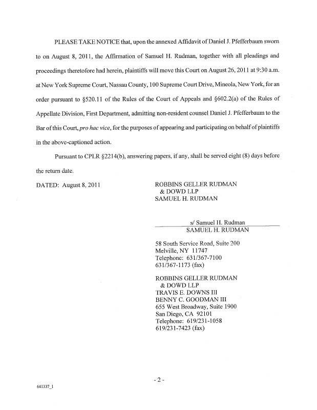 NOTICE OF MOTION (Motion 003) Notice of Motion for Admission Pro Hac