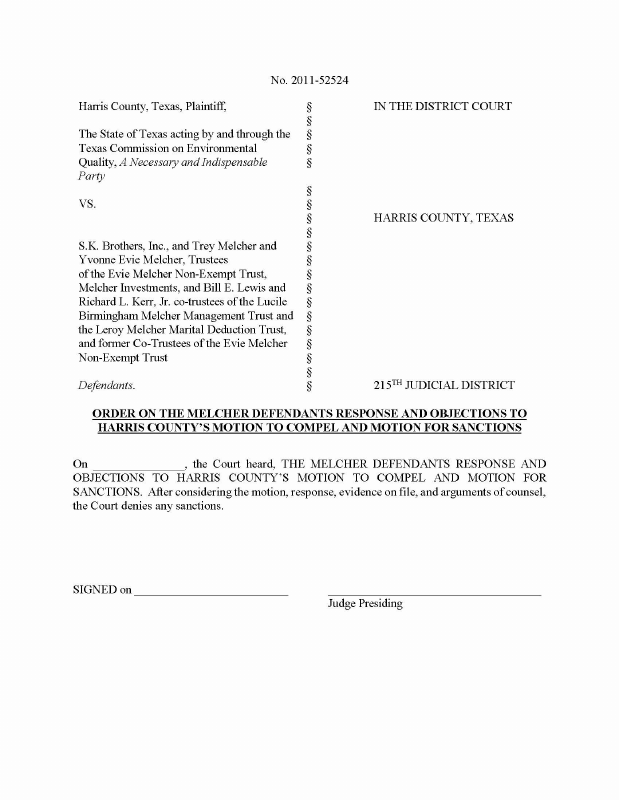 proposed order on the Melcher defendants response and objections to