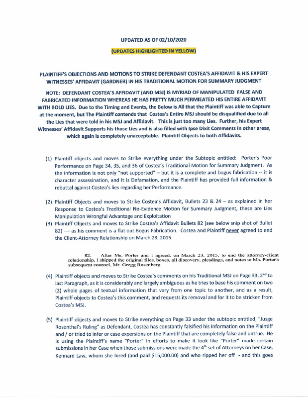 Plaintiff's Objections and Motions To Strike Defendant Costea's Affidavit & His Expert Witnesses