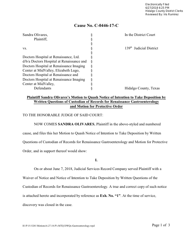 Motion to Quash PLAINTIFF'S SANDRA OLIVARES'S NOTICE OF INTENTION TO