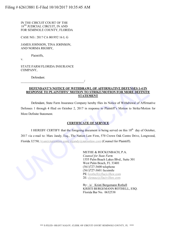 NOTICE OF WITHDRAWAL OF AFFIRMATIVE DEFENSES 14 IN RESPONSE TO PLTF