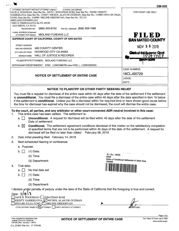 Notice of Conditional Settlement of Entire Case November 20, 2018 Trellis