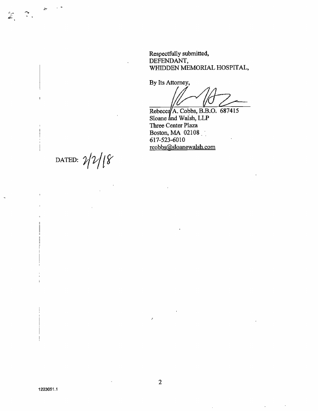 Defendant Whidden Memorial Hospital's Notice of intent to file motion