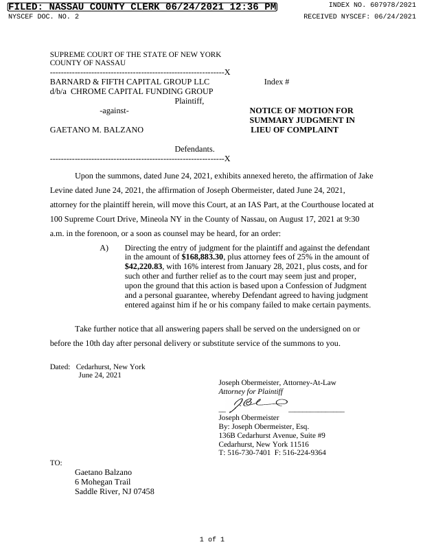 NOTICE OF MOTION FOR SUMMARY JUDGMENT IN LIEU OF COMPLAINT (Motion 001