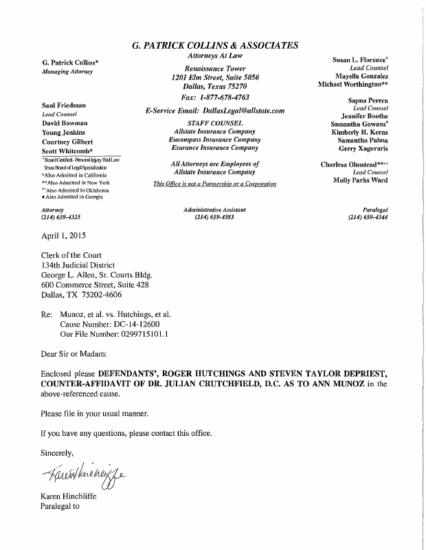 letter file Defendants Counter Affidavit of Dr Crutchfield a