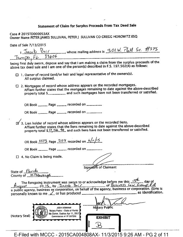 CIVIL ATTACHMENT TO MOTION FOR DISBURSEMENT TAX DEED / STATEMENT OF