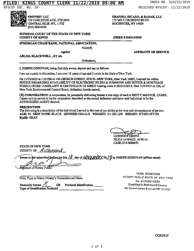 AFFIRMATION/AFFIDAVIT OF SERVICE AFFIDAVIT OF SERVICECITY OF NEW
