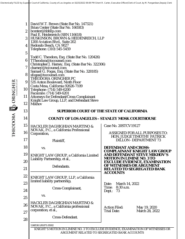 Motion in Limine (LIMINE NO. 3 TO EXCLUDE EVIDENCE, EXAMINATION OF