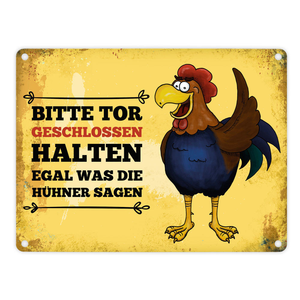 Hahn Metallschild mit Motiv Hahn und Spruch Bitte Tor geschlossen