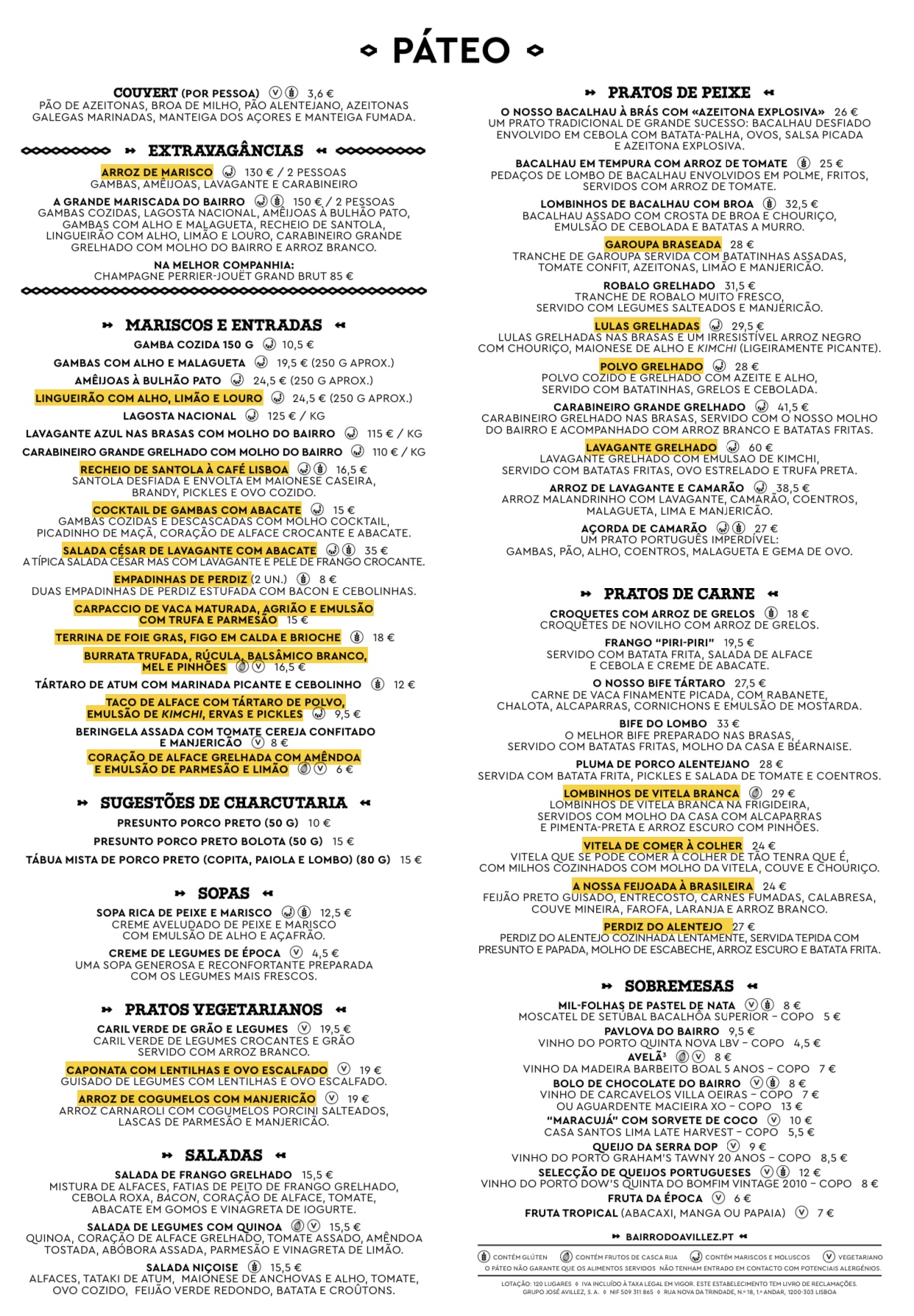 Mais carne, peixe, entradas e marisco restaurante Páteo do Bairro do