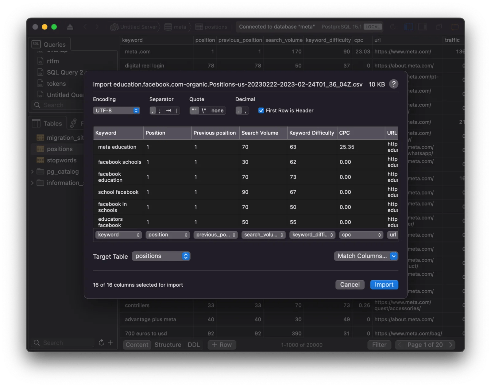 Loading keyword data into the table